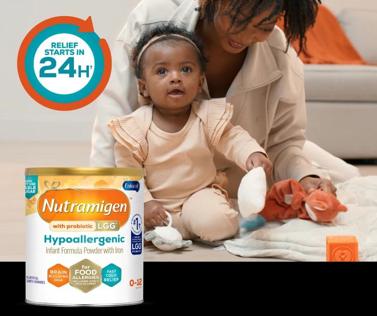 Happy smiling baby, Nutramigen® with Probiotic LGG® that's the #1 trusted hypoallergenic infant formula brand, the only hypoallergenic formula with LGG® probiotic